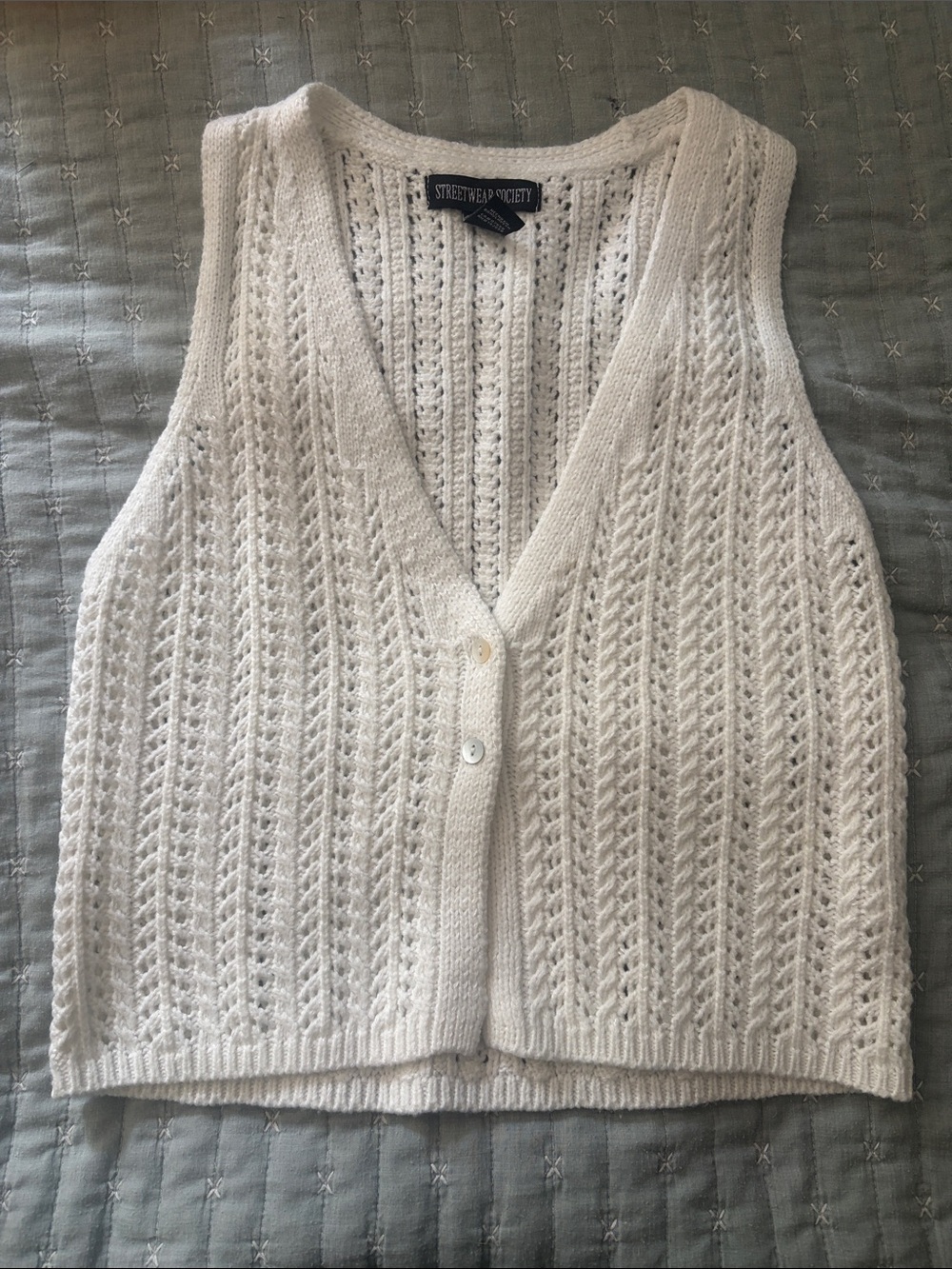 Streetwear Society Women's White Knit V-Neck Button Vest